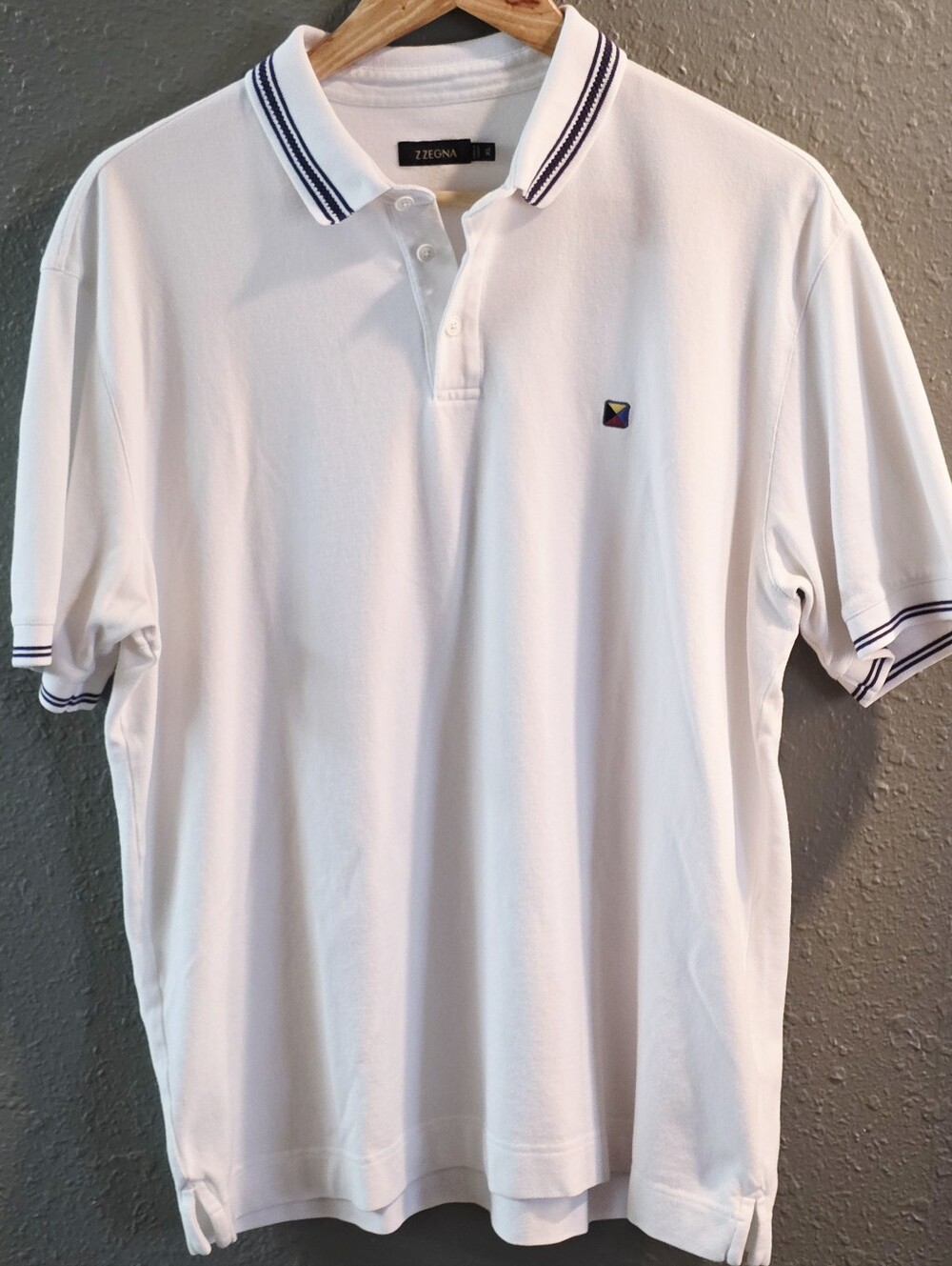 Z Zegna White Polo with Navy Trim and Embroidered Logo